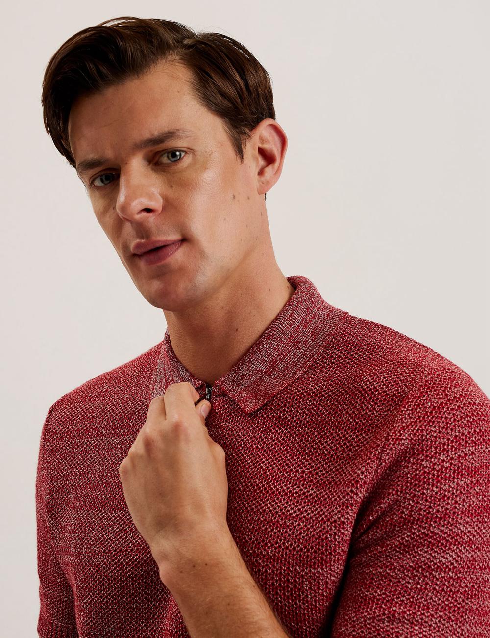 Men Ted Baker BLOSSAM - Space Dye Zip Neck Polos Shirts Red | India  LZQJ-40935