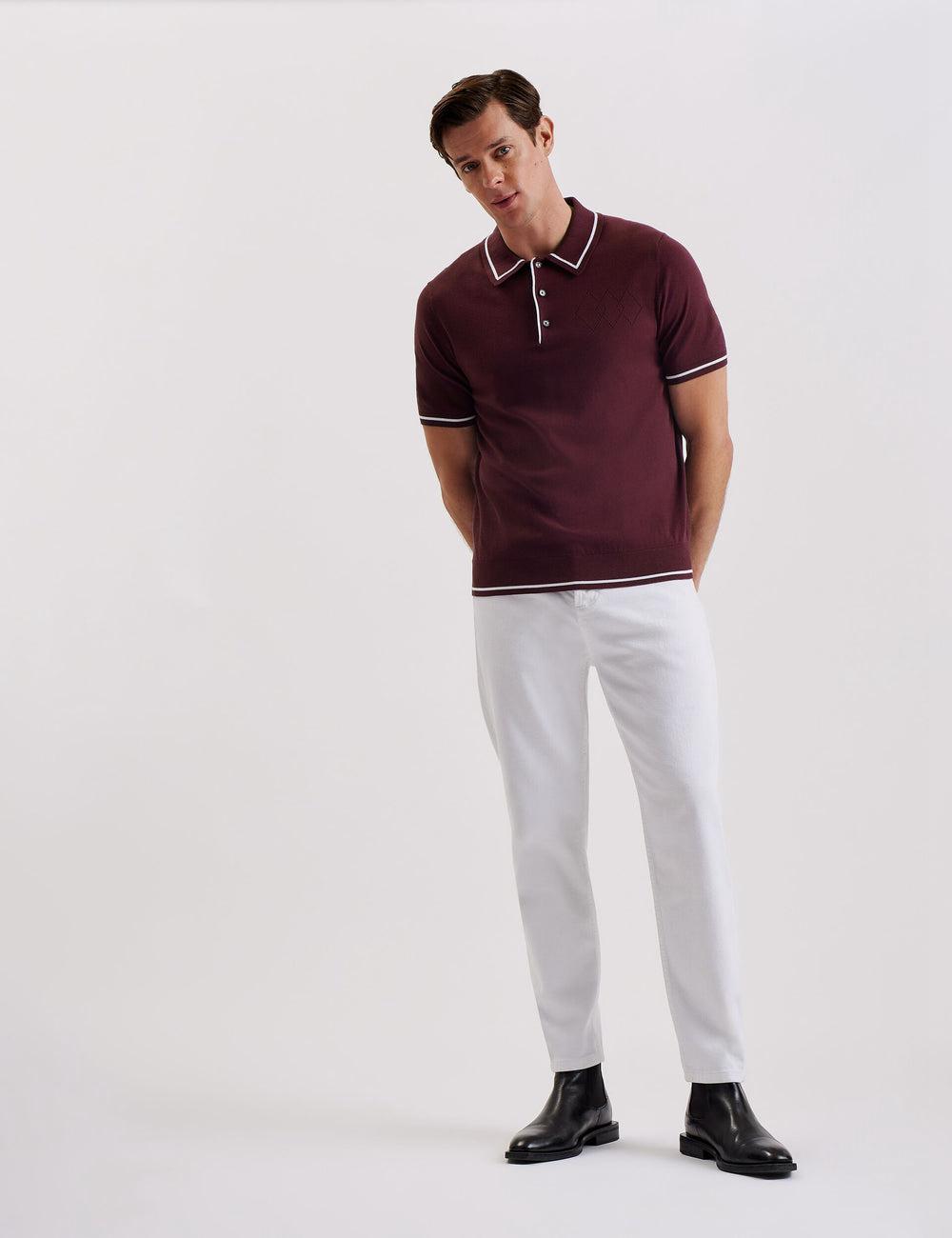 Men Ted Baker DUNOW - Pointelle Detail Striped Trim Polos Shirts Maroon | India  TNPK-61450