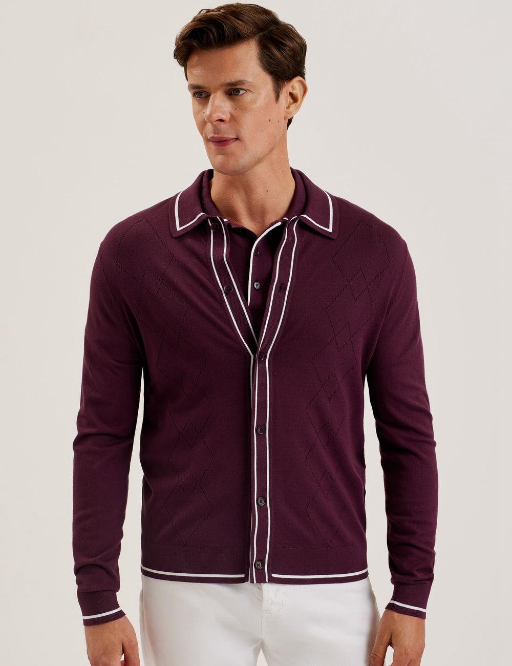 Men Ted Baker ELMDON - Pointelle Diamond Knitted Long Sleeve Casual Shirts Maroon | India  VERZ-23415
