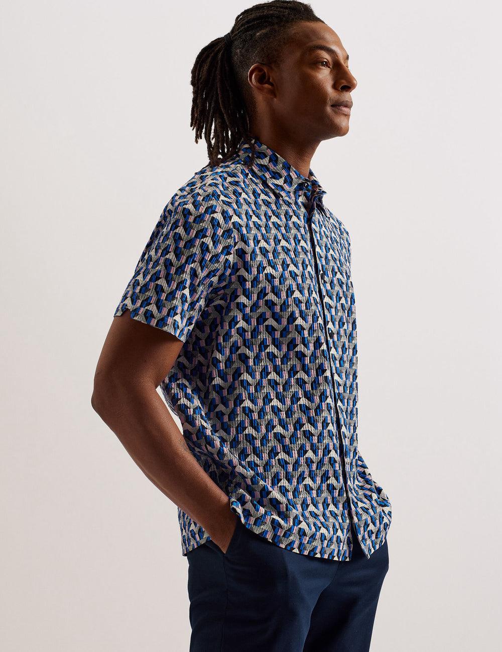 Men Ted Baker GASTONS - Short Sleeve Geo Print Seersucker Casual Shirts Blue | India  IPDT-41875