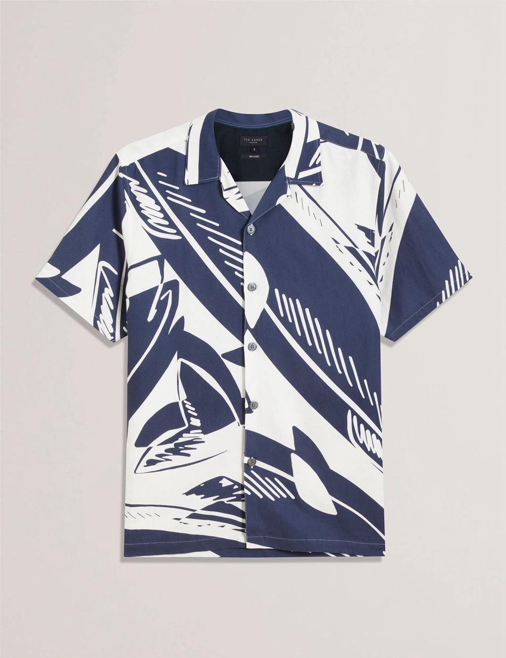 Men Ted Baker HEUKELS - Short Sleeve Relaxed Fish Print Casual Shirts Mid-Navy | India  MXZI-21736