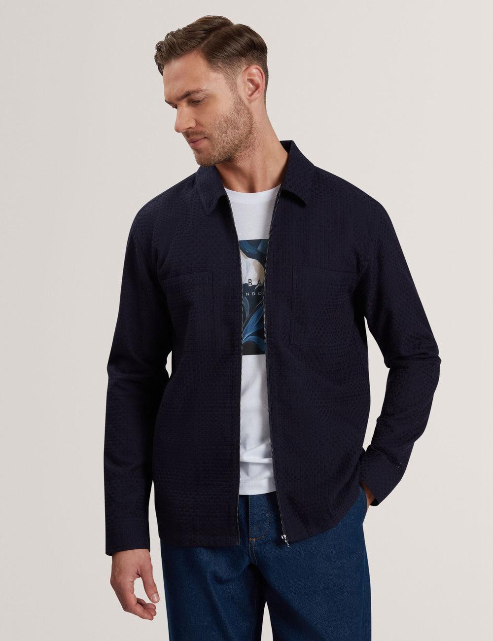 Men Ted Baker KAILINS - Long Sleeve Zip-Through Cotton Overshirt Overshirts Navy | India  TZNH-94316