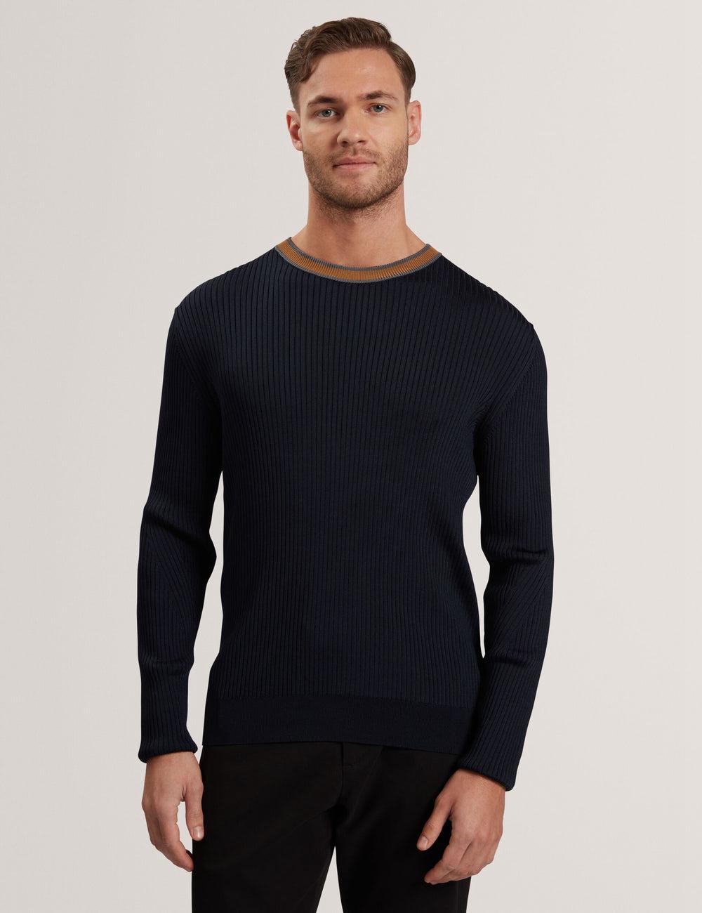 Men Ted Baker NAYOR - Long Sleeve Rayon Ribbed Crew Neck Jumpers Navy | India  BWYX-83275