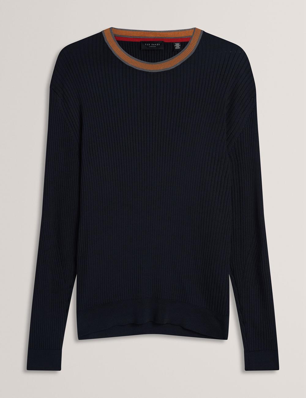 Men Ted Baker NAYOR - Long Sleeve Rayon Ribbed Crew Neck Jumpers Navy | India  BWYX-83275