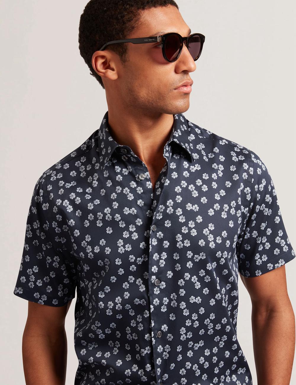 Men Ted Baker NIKSHO - Short Sleeve Slim Ditsy Floral Casual Shirts Navy | India  FBQA-41082