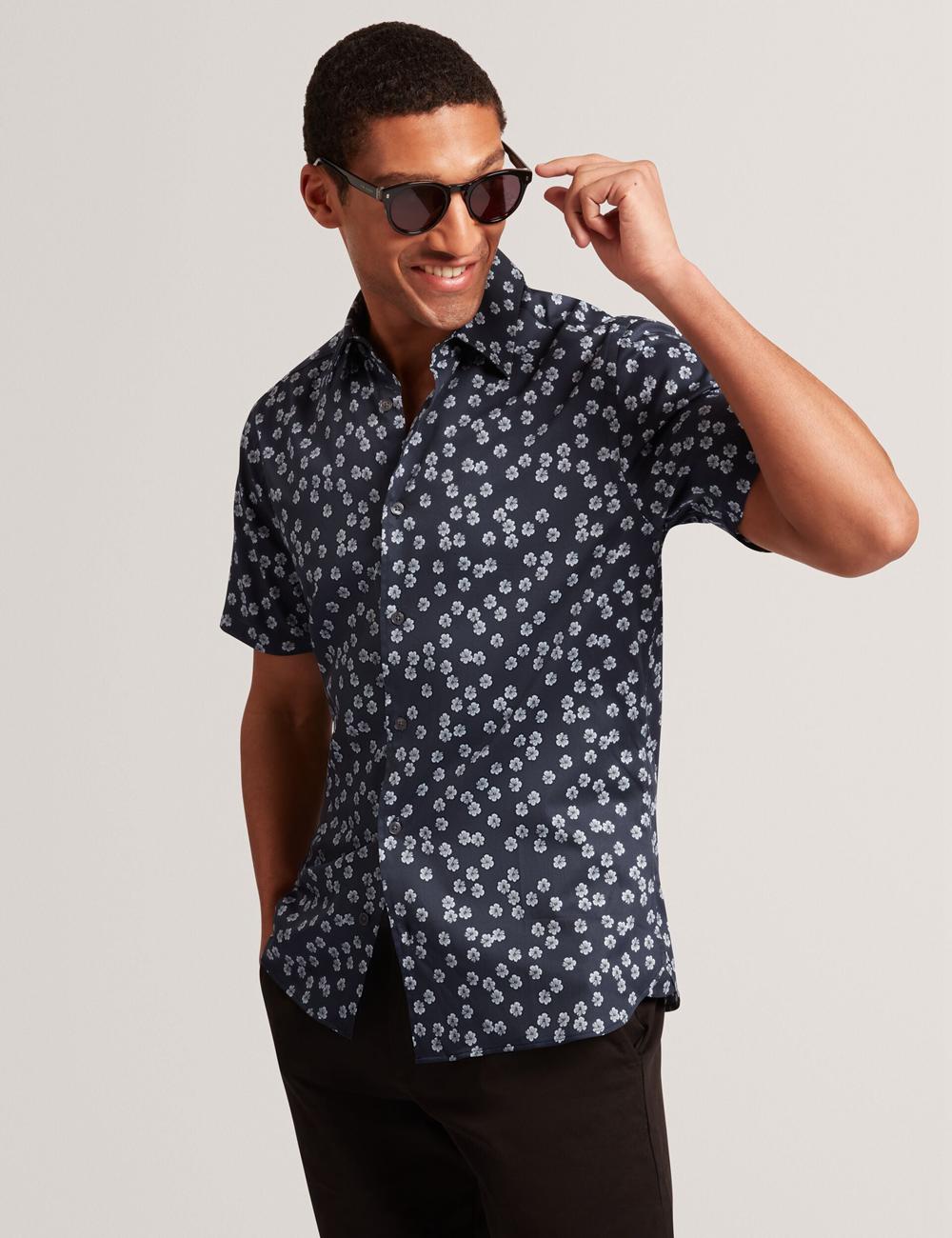 Men Ted Baker NIKSHO - Short Sleeve Slim Ditsy Floral Casual Shirts Navy | India  FBQA-41082