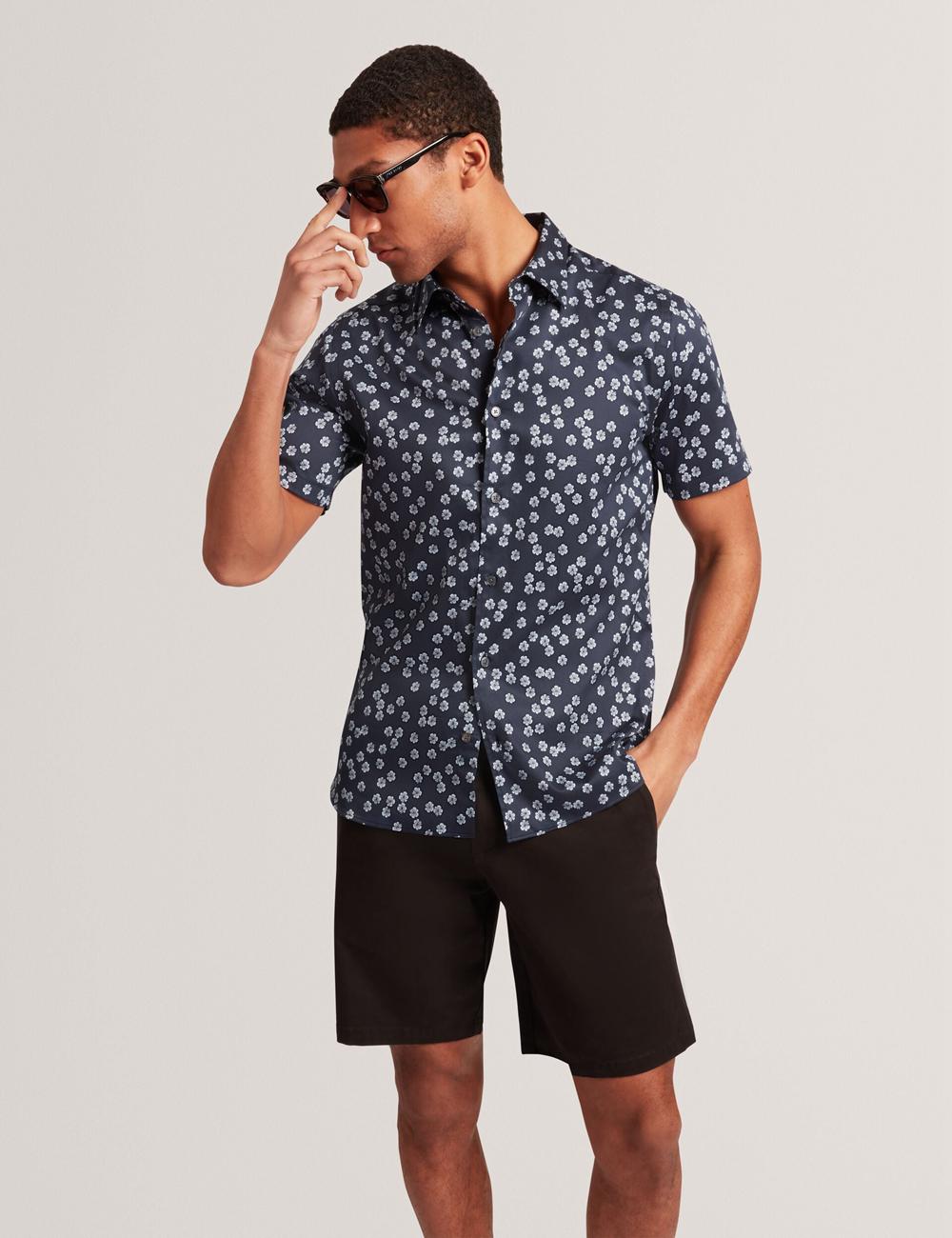 Men Ted Baker NIKSHO - Short Sleeve Slim Ditsy Floral Casual Shirts Navy | India  FBQA-41082