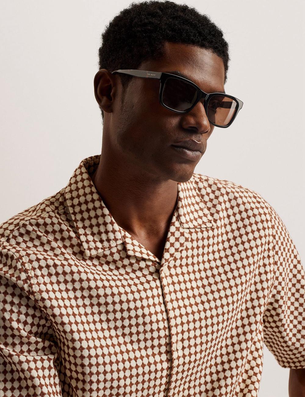 Men Ted Baker OISE - Textured Grid Cotton Short Sleeve Casual Shirts Brown | India  YBKW-60749