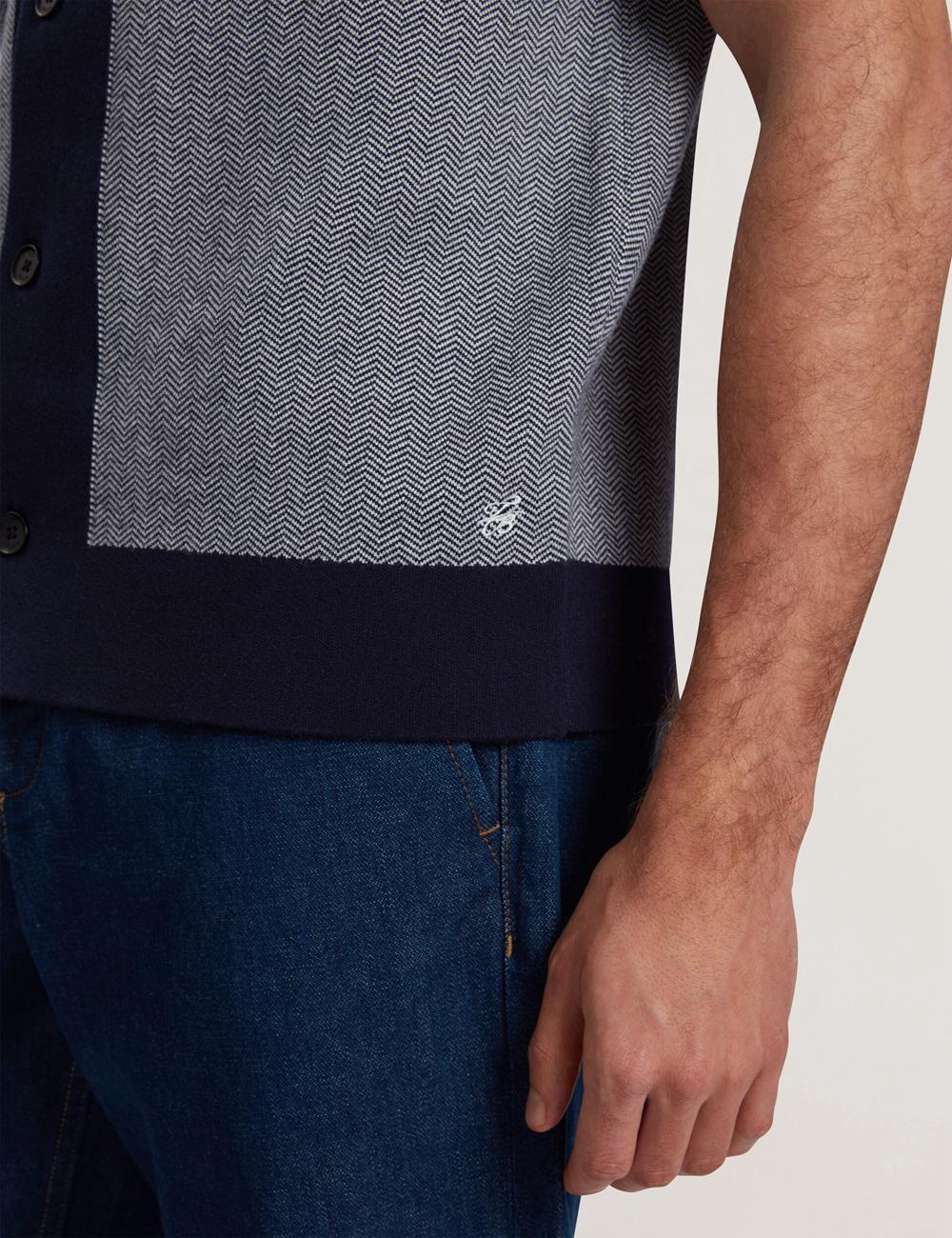 Men Ted Baker PADRIG - Herringbone Knit Colour Block Short Sleeve Casual Shirts Navy | India  WNQM-38607