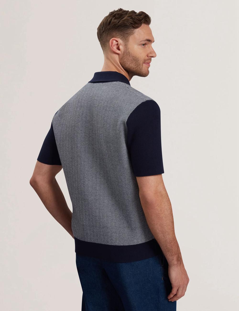 Men Ted Baker PADRIG - Herringbone Knit Colour Block Short Sleeve Casual Shirts Navy | India  WNQM-38607