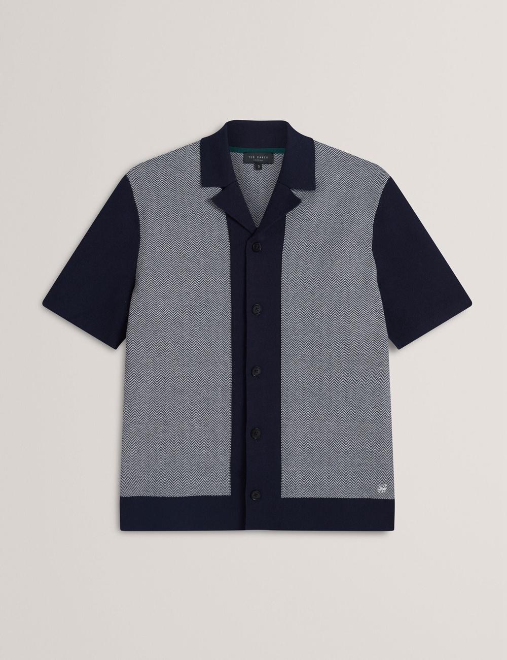 Men Ted Baker PADRIG - Herringbone Knit Colour Block Short Sleeve Casual Shirts Navy | India  WNQM-38607