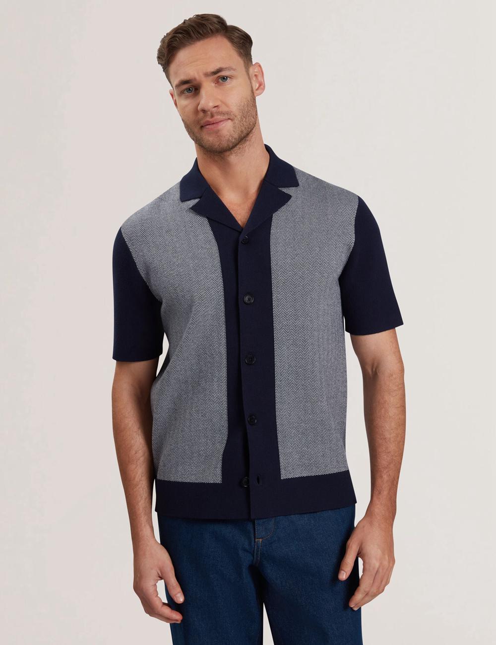 Men Ted Baker PADRIG - Herringbone Knit Colour Block Short Sleeve Casual Shirts Navy | India  WNQM-38607