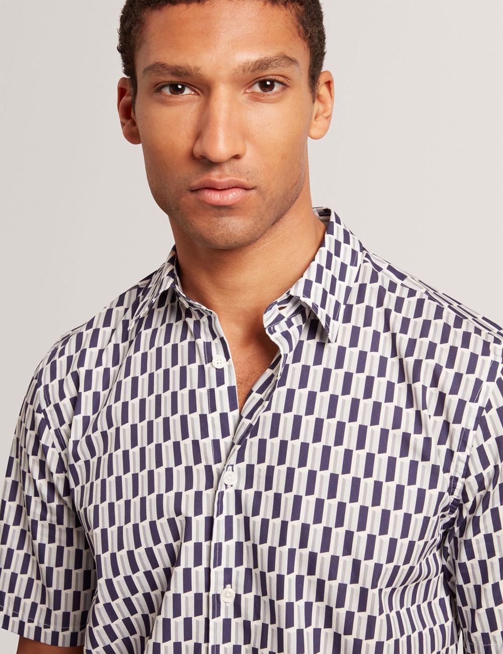 Men Ted Baker PEARSOS - Geo Print Short Sleeve Cotton Casual Shirts Navy | India  FCRS-80172