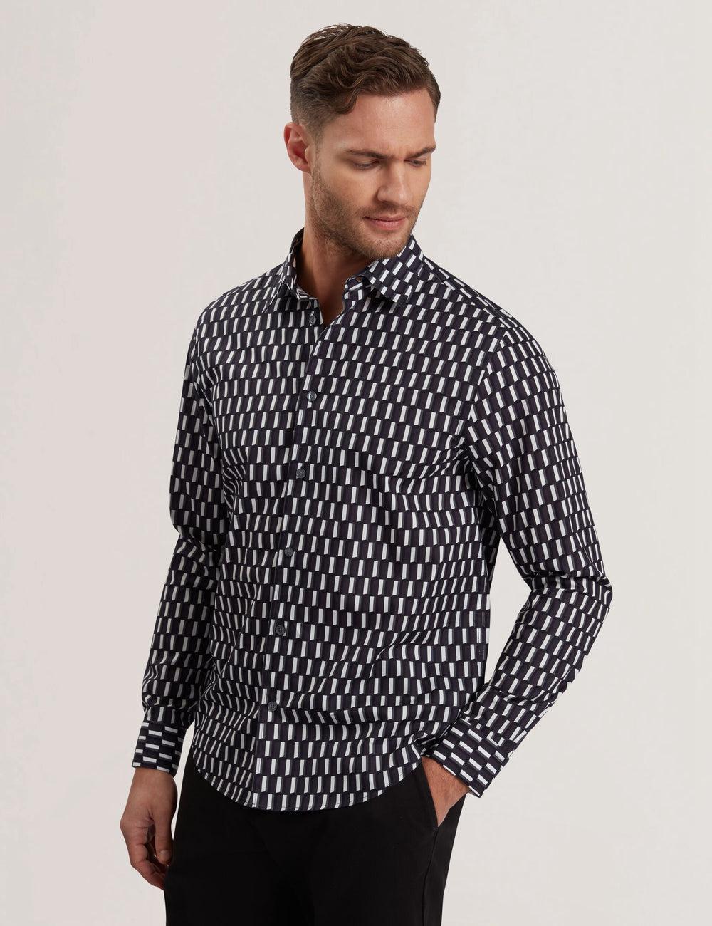 Men Ted Baker PEARSO - Geometric Stripe Long Sleeve Cotton Casual Shirts Black | India  SQVF-29465