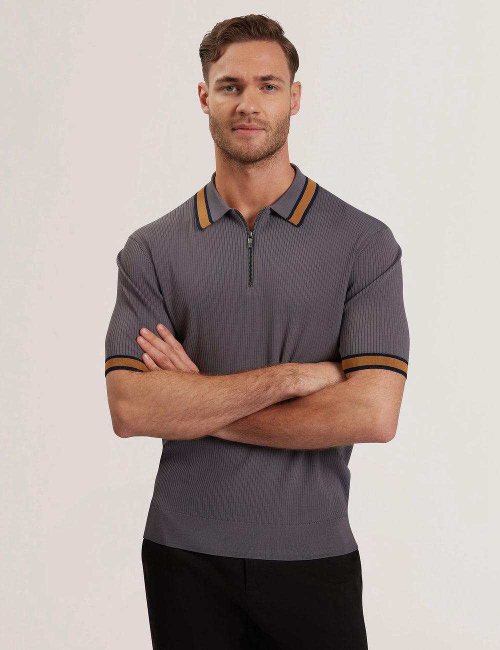 Men Ted Baker RAFAELO - Striped Trim Zip Neck Ribbed Polos Shirts Dk-Grey | India  KAOG-28635
