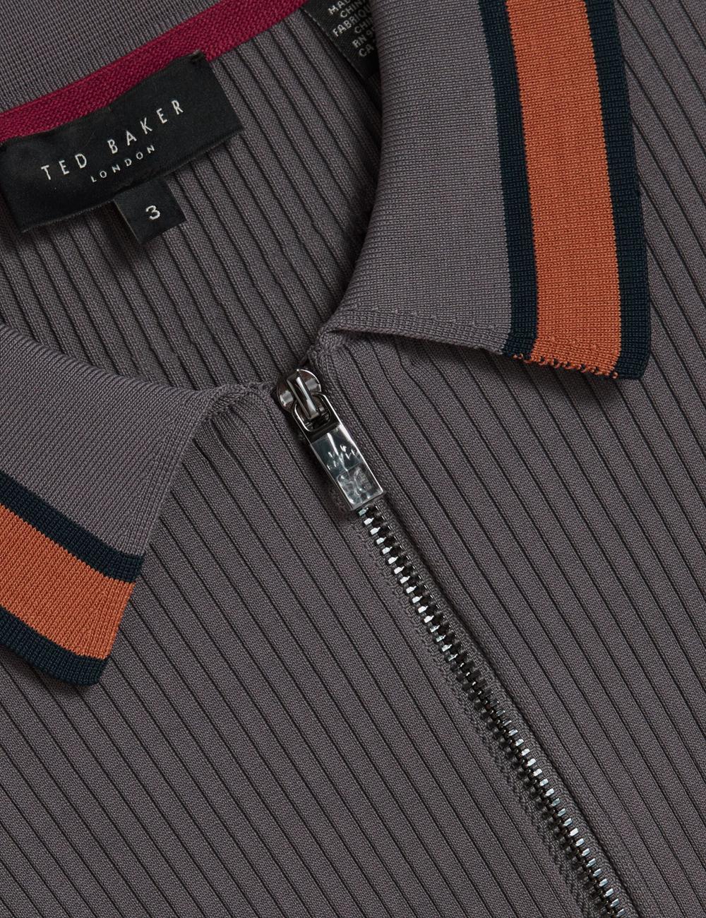 Men Ted Baker RAFAELO - Striped Trim Zip Neck Ribbed Polos Shirts Dk-Grey | India  KAOG-28635