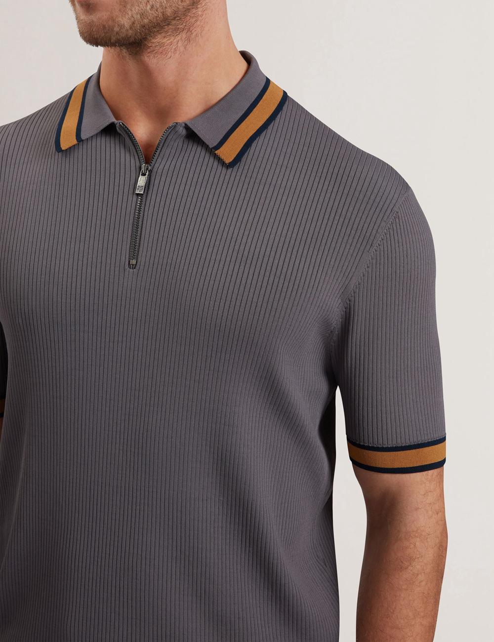 Men Ted Baker RAFAELO - Striped Trim Zip Neck Ribbed Polos Shirts Dk-Grey | India  KAOG-28635