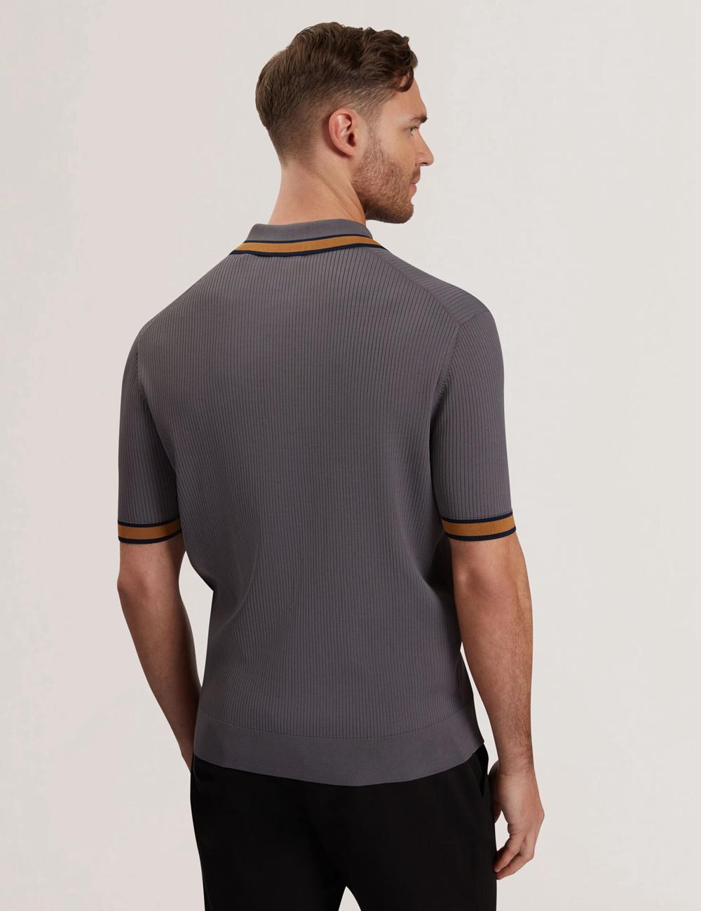 Men Ted Baker RAFAELO - Striped Trim Zip Neck Ribbed Polos Shirts Dk-Grey | India  KAOG-28635