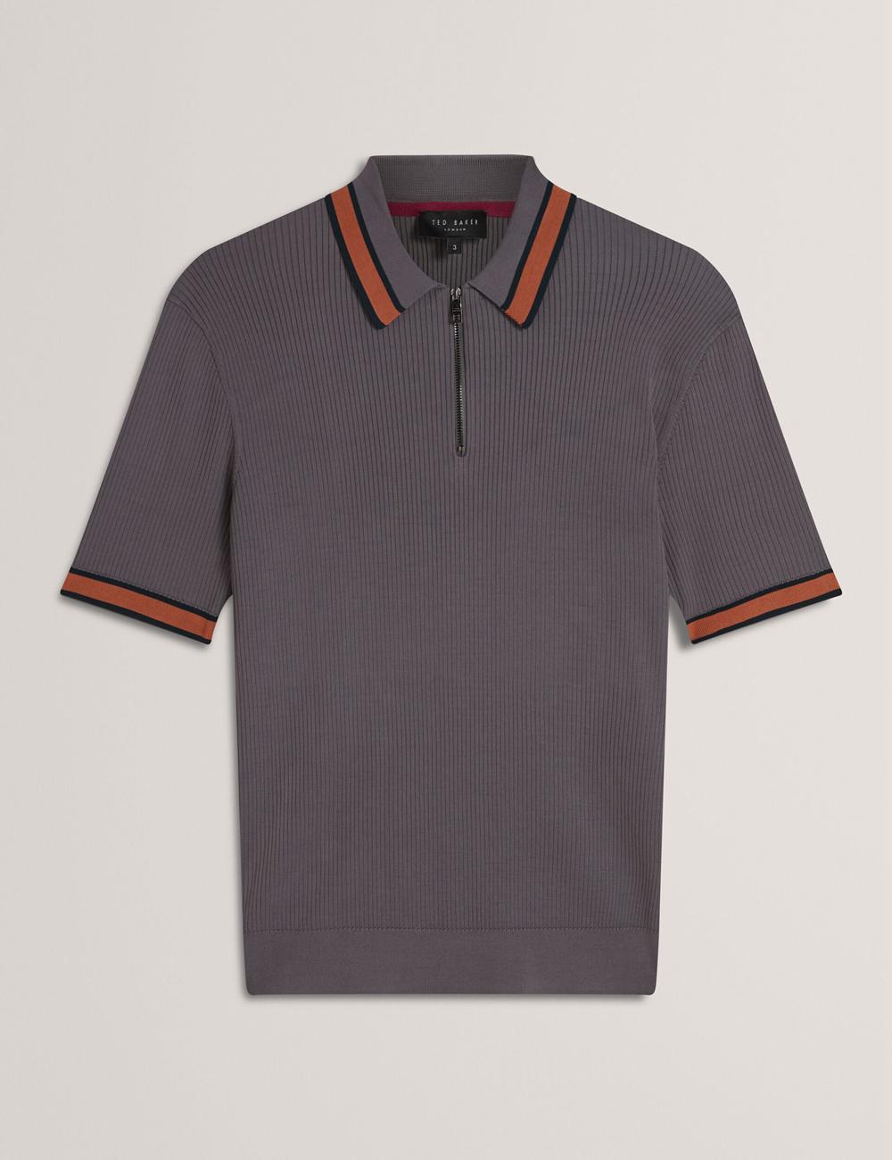 Men Ted Baker RAFAELO - Striped Trim Zip Neck Ribbed Polos Shirts Dk-Grey | India  KAOG-28635