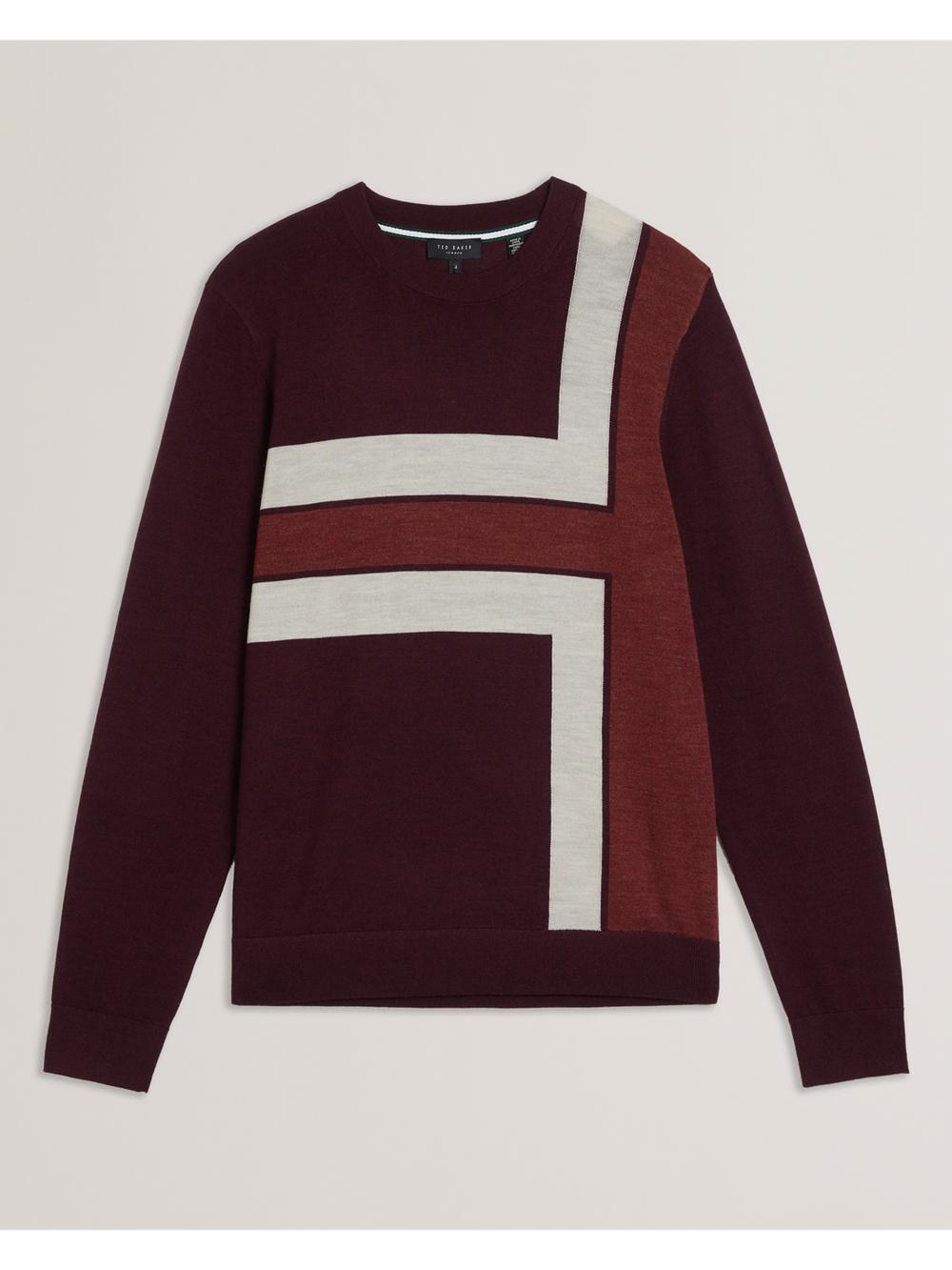 Men Ted Baker ROIKA - Colour Block Crew Neck Wool Jumpers Maroon | India  INSD-09376