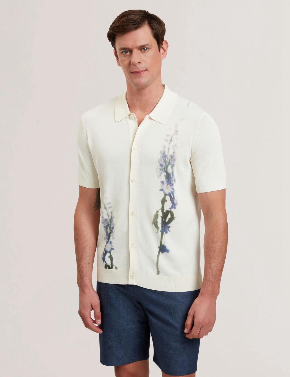 Men Ted Baker RUITS - Short Sleeve Floral Placement Polos Shirts Ecru | India  ZHNQ-18673
