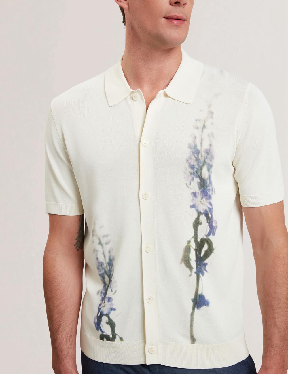 Men Ted Baker RUITS - Short Sleeve Floral Placement Polos Shirts Ecru | India  ZHNQ-18673