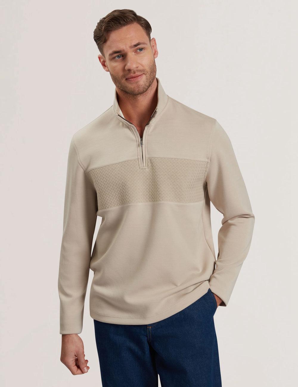 Men Ted Baker SIMONEA - Textured Panel Half-Zip Modal Sweatshirts Taupe | India  RZIQ-47320