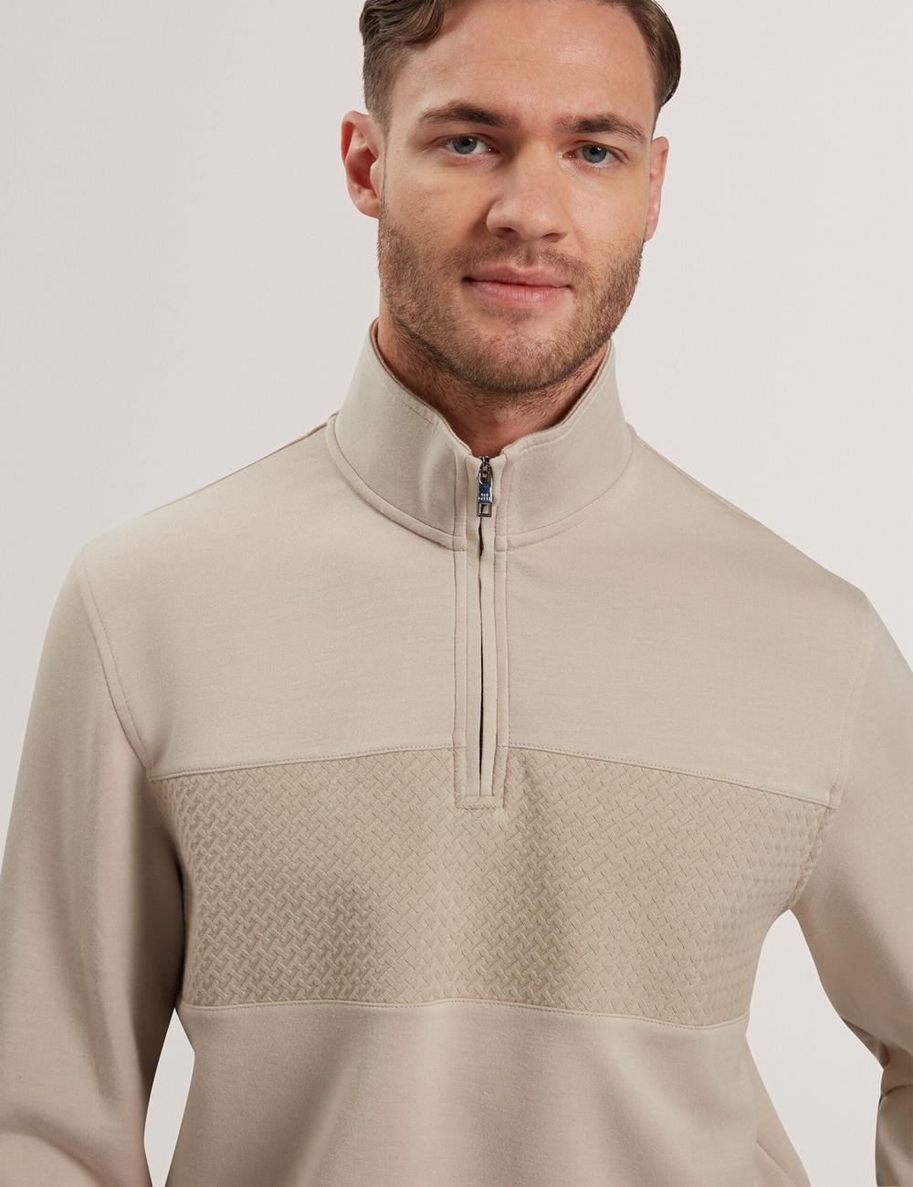 Men Ted Baker SIMONEA - Textured Panel Half-Zip Modal Sweatshirts Taupe | India  RZIQ-47320