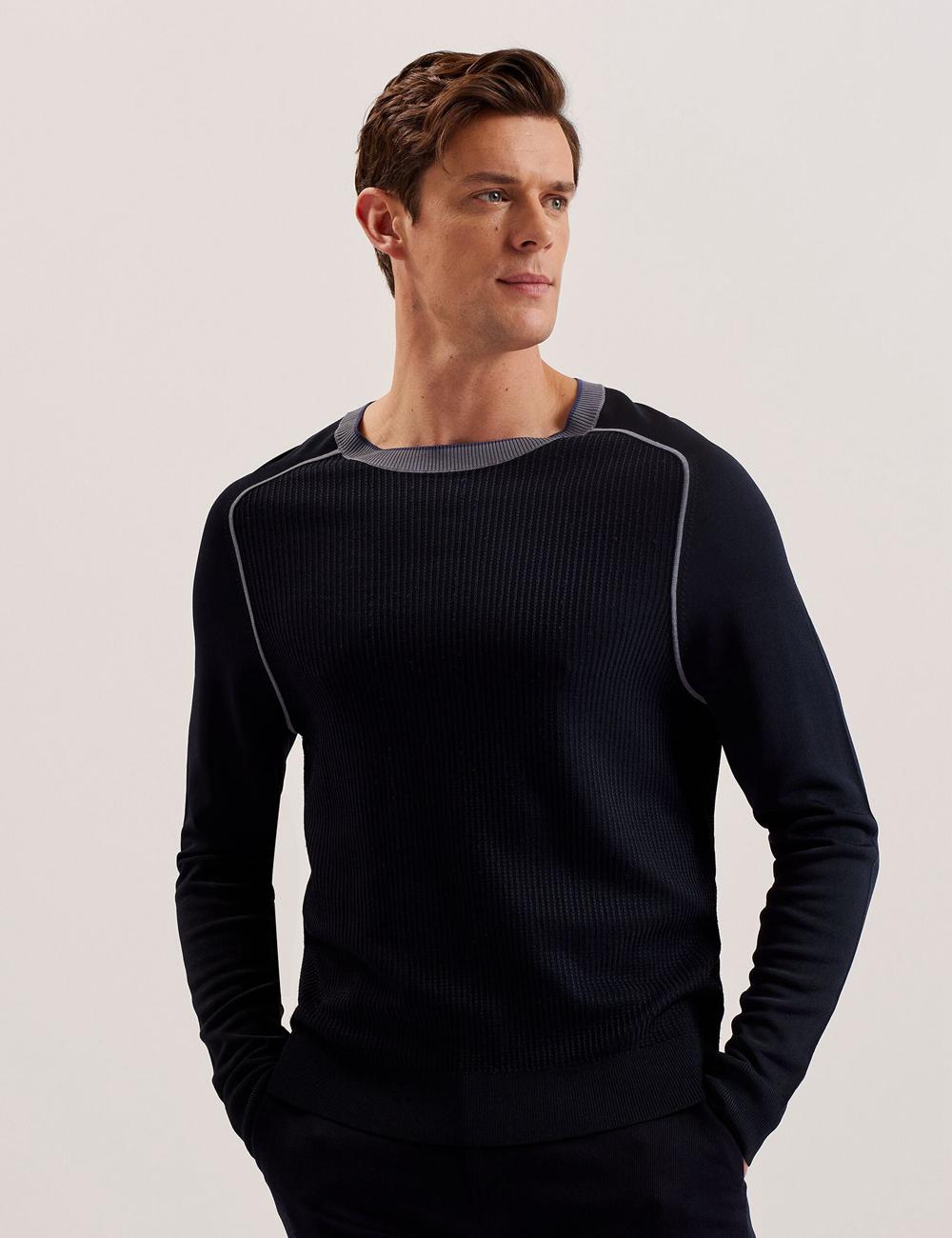 Men Ted Baker TOREZ - Long Sleeve Textured Knit Top Jumpers Navy | India  CBKZ-78230