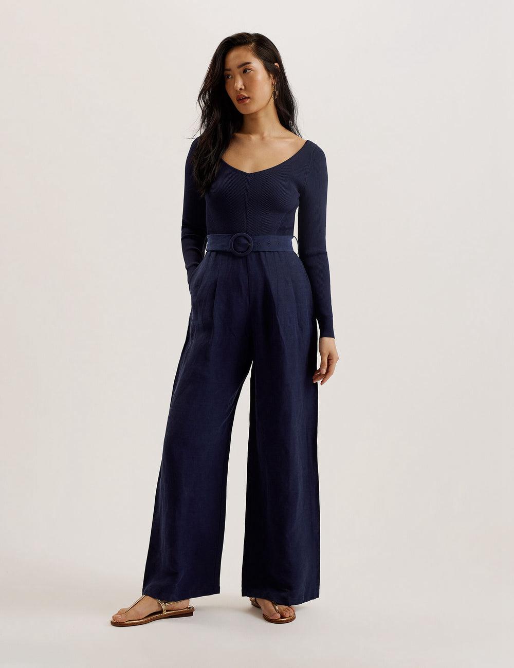 Women Ted Baker AGATEA - Off Shoulder Belted Wide Leg Jumpsuits Navy | India  MBUY-63179