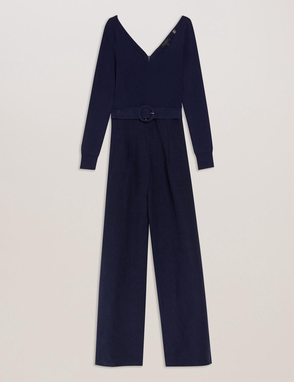 Women Ted Baker AGATEA - Off Shoulder Belted Wide Leg Jumpsuits Navy | India  MBUY-63179
