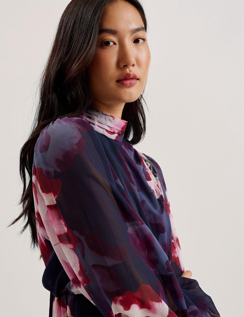 Women Ted Baker ARACELY - Floral High Neck Long Sleeve Mini Dresses Navy | India  ZKRE-61590