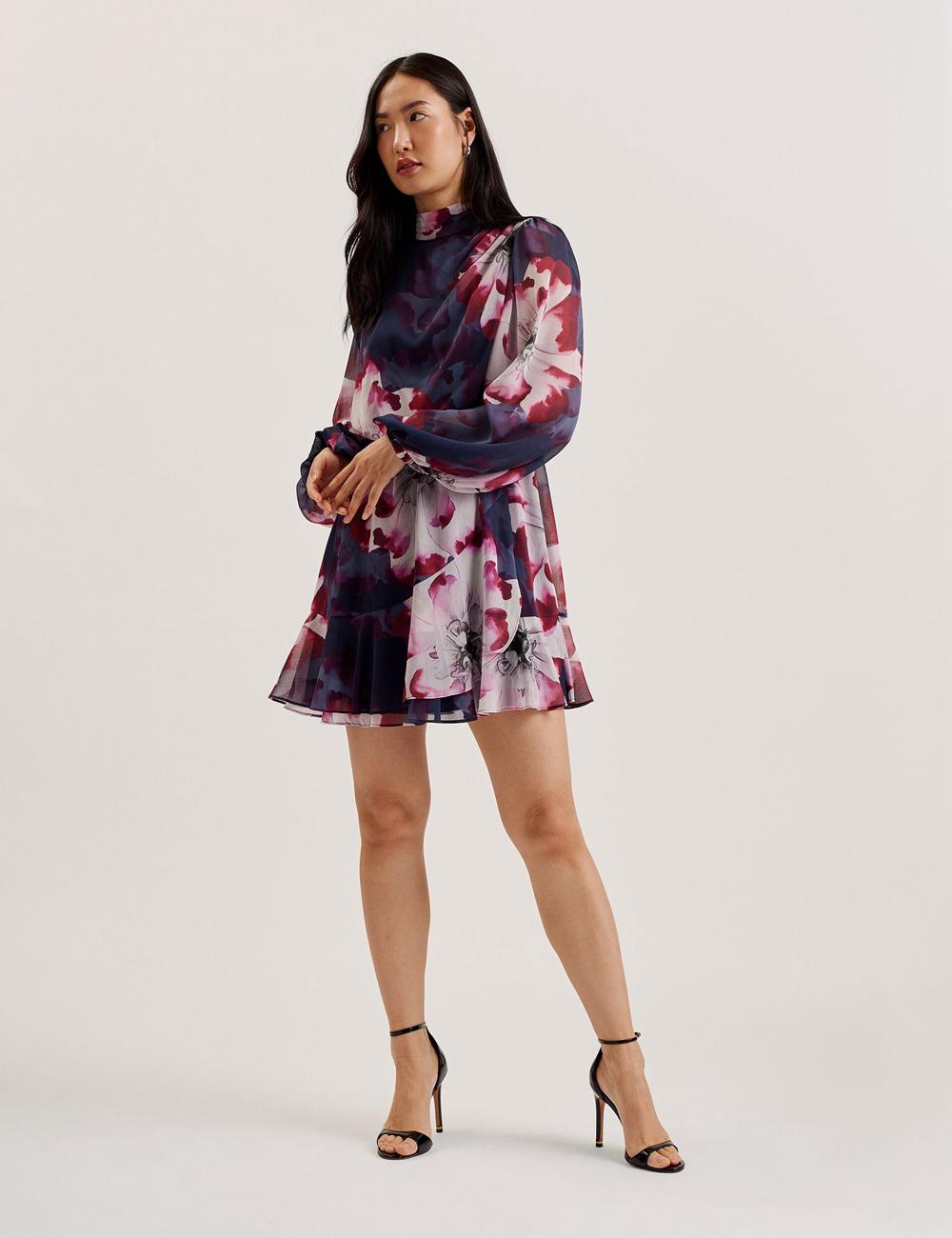 Women Ted Baker ARACELY - Floral High Neck Long Sleeve Mini Dresses Navy | India  ZKRE-61590