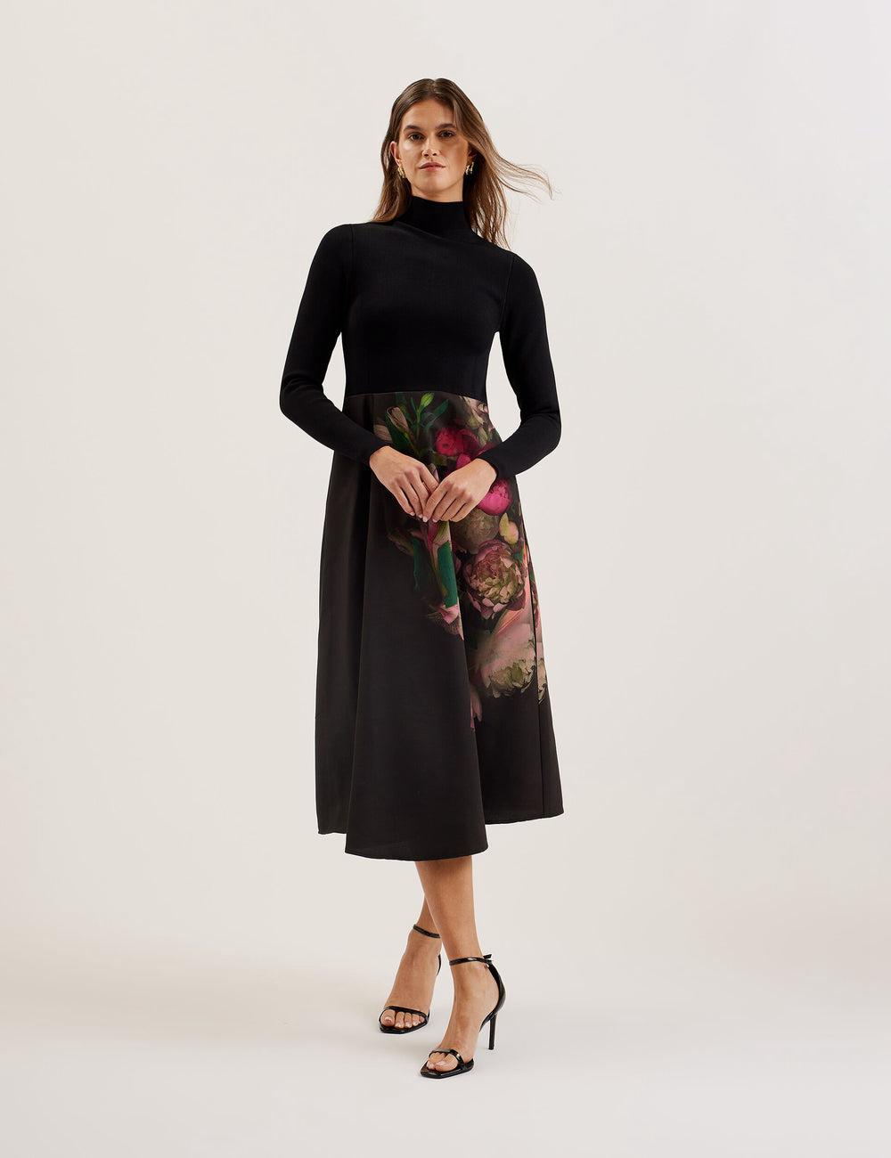 Women Ted Baker ASNES - Knit Bodice With Printed Skirt Midi Dresses Black | India  OVSL-46932