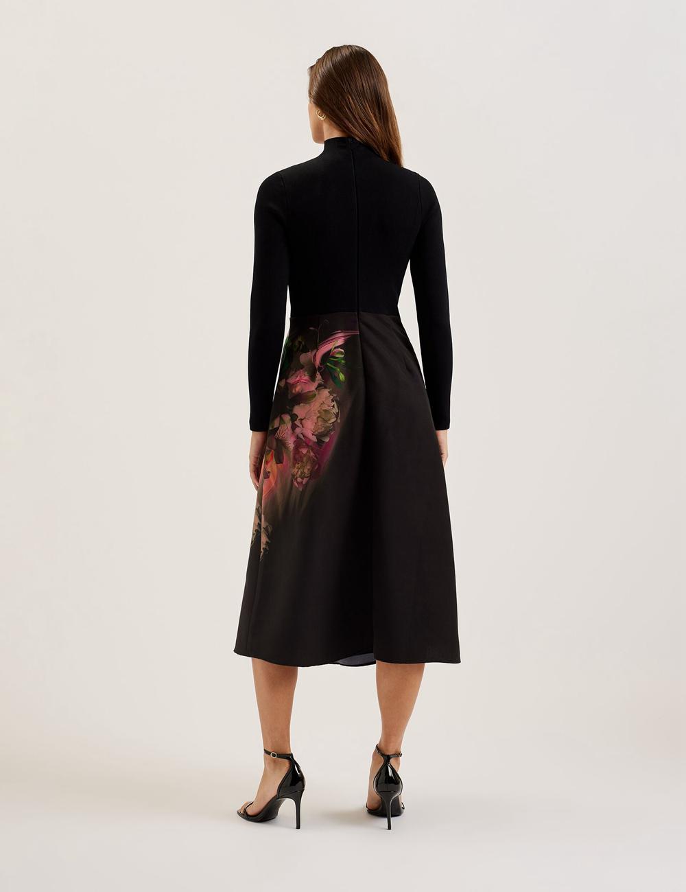 Women Ted Baker ASNES - Knit Bodice With Printed Skirt Midi Dresses Black | India  OVSL-46932