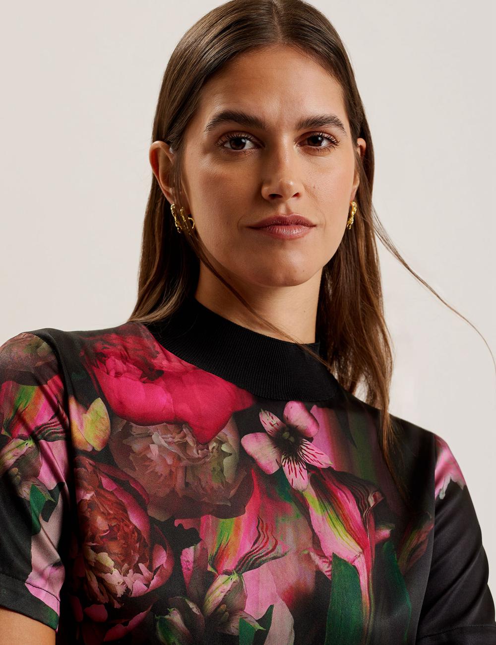 Women Ted Baker ASTHAA - Floral Woven Front Short Sleeve Top Blouses Black | India  DQXP-80936
