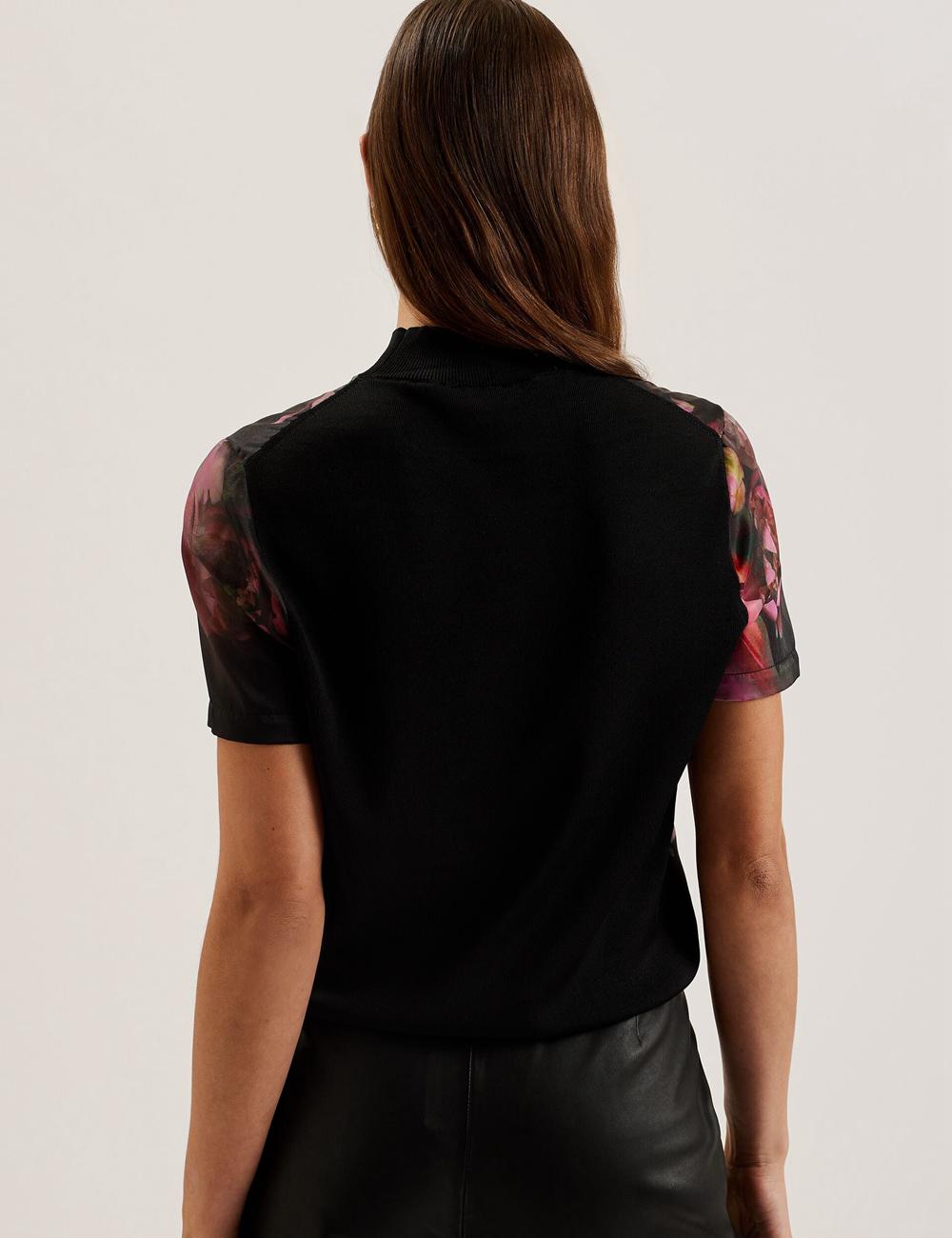 Women Ted Baker ASTHAA - Floral Woven Front Short Sleeve Top Blouses Black | India  DQXP-80936