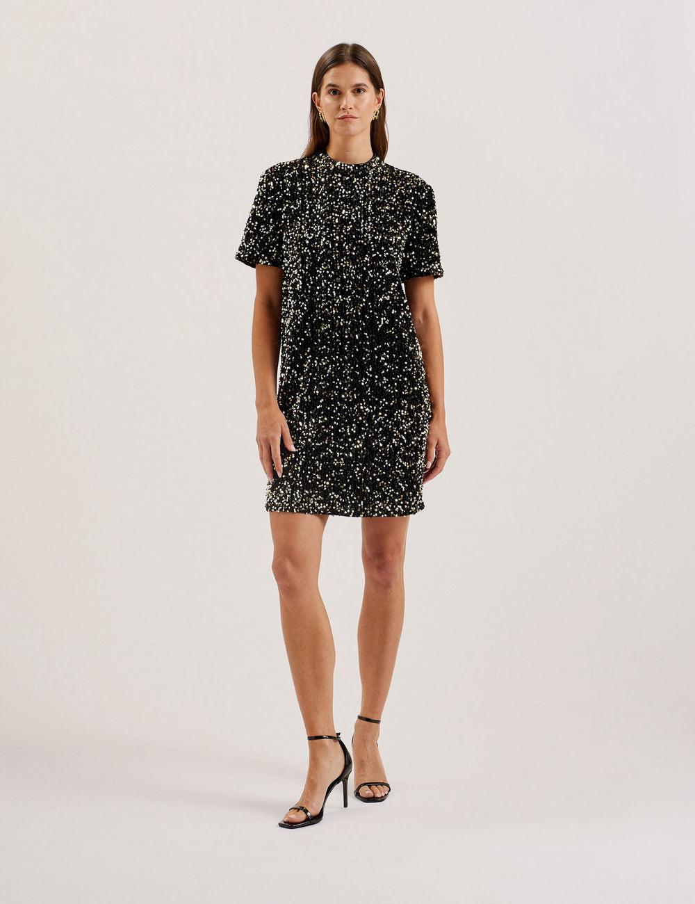 Women Ted Baker AUDRIYY - Sequin Embellished Velvet Shift Mini Dresses Black | India  MVLB-67590