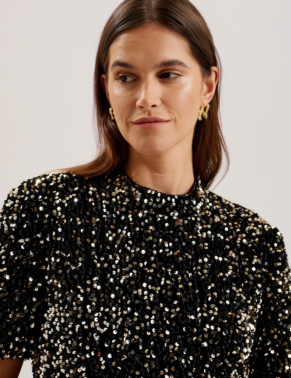 Women Ted Baker AUDRIYY - Sequin Embellished Velvet Shift Mini Dresses Black | India  MVLB-67590