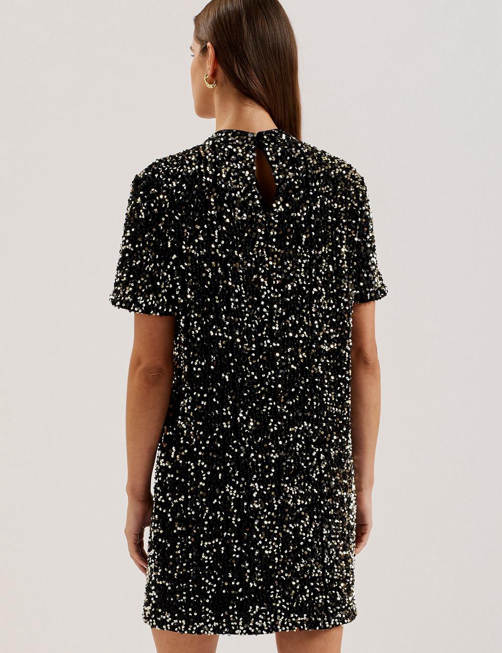 Women Ted Baker AUDRIYY - Sequin Embellished Velvet Shift Mini Dresses Black | India  MVLB-67590