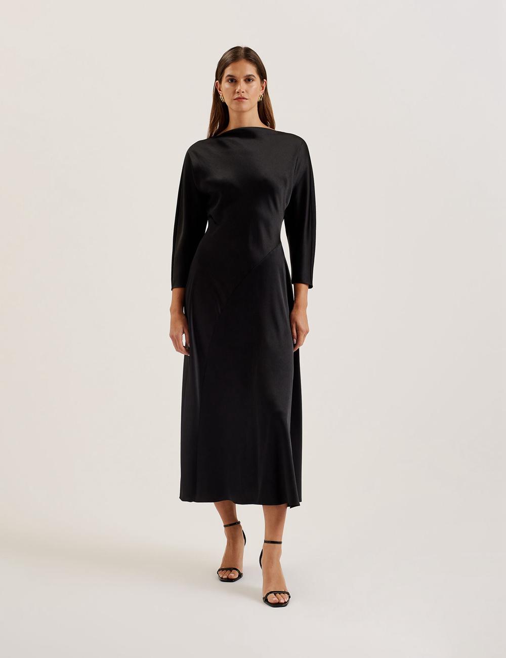 Women Ted Baker AVELLI - Satin Boat Neck A-Line Midi Dresses Black | India  PJKF-57843