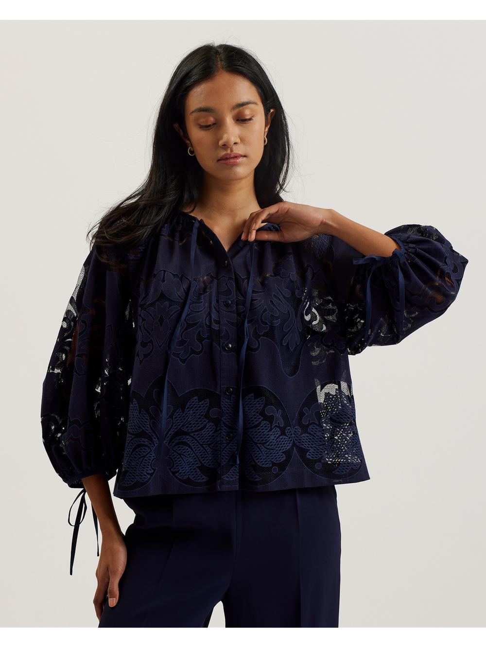 Women Ted Baker BACINA - Lace 3/4 Balloon Sleeve Blouses Dk-Blue | India  ZRUG-60285