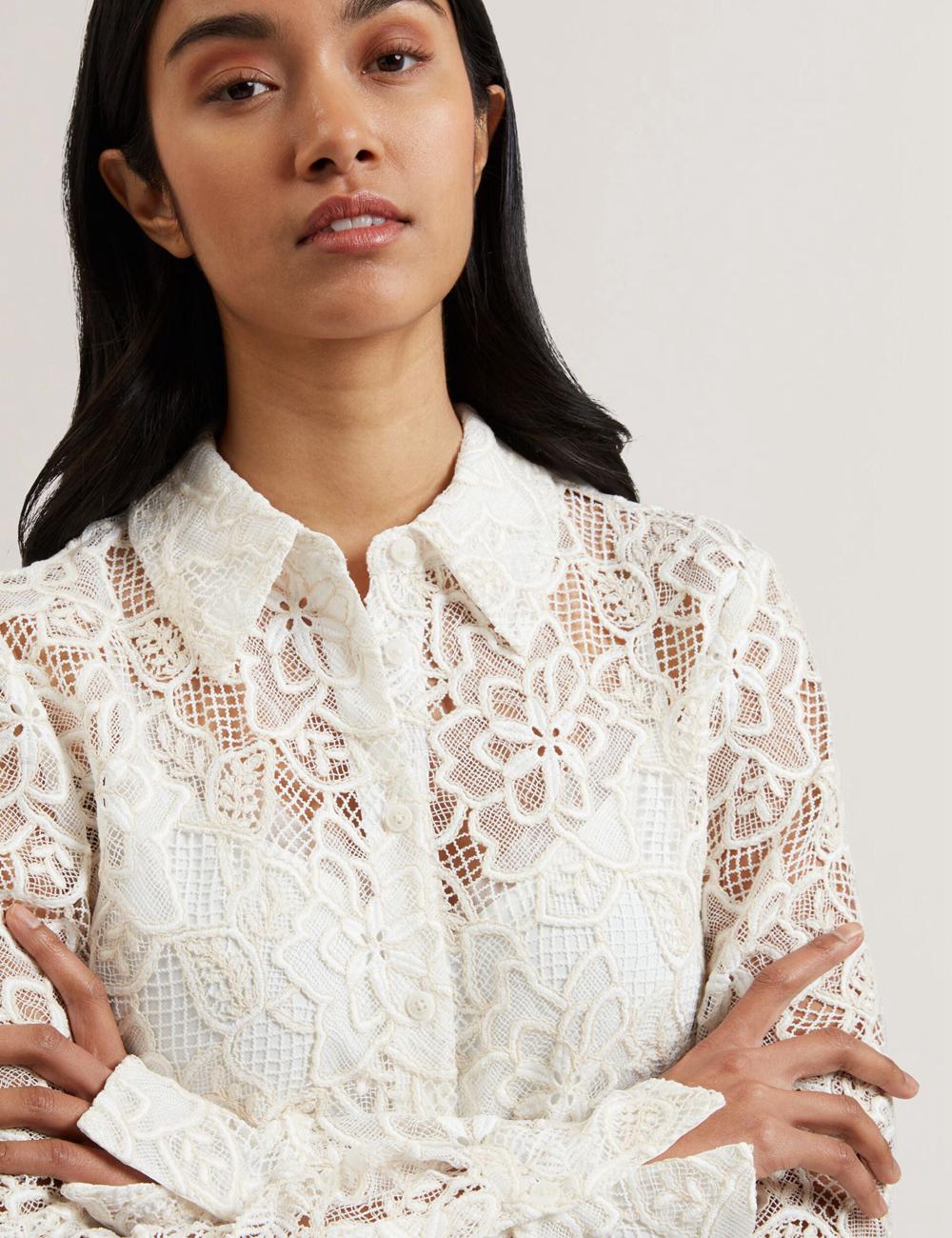 Women Ted Baker BLOND - Floral Lace Longline Cotton Shirt Tops Ivory | India  ULDR-67354