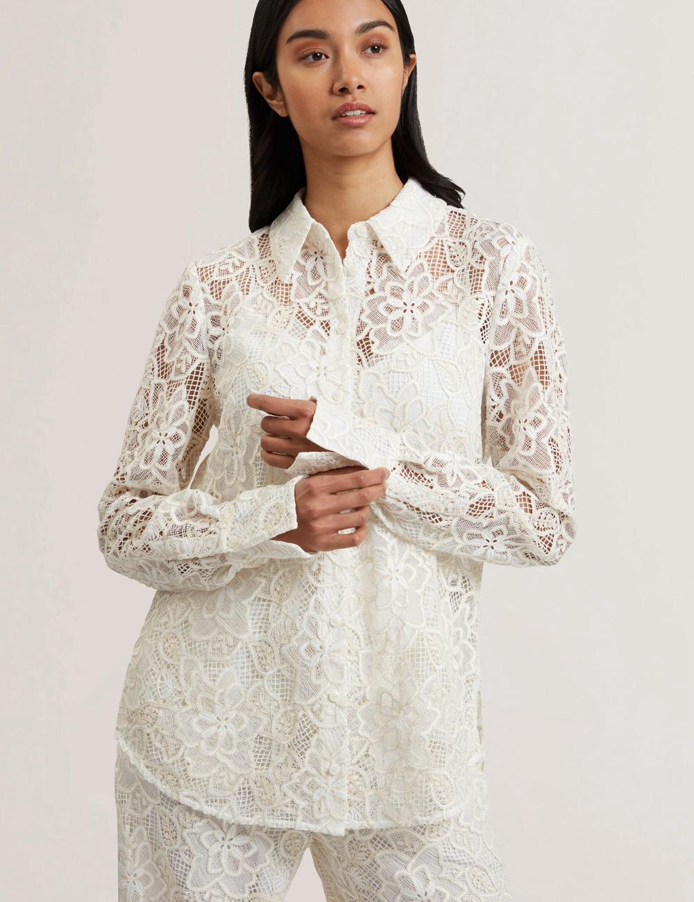 Women Ted Baker BLOND - Floral Lace Longline Cotton Shirt Tops Ivory | India  ULDR-67354