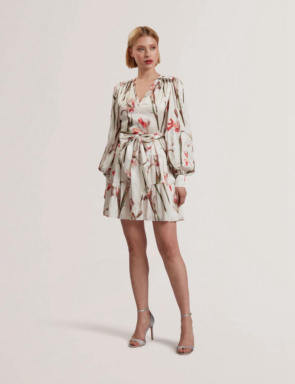 Women Ted Baker CUIABA - Floral V-Neck Waist Mini Dresses Ivory | India  QJBH-21859