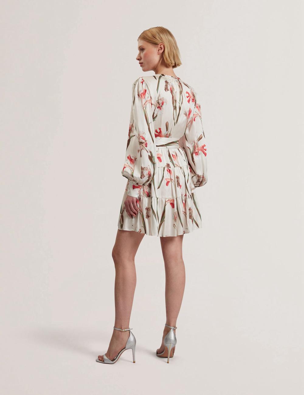 Women Ted Baker CUIABA - Floral V-Neck Waist Mini Dresses Ivory | India  QJBH-21859