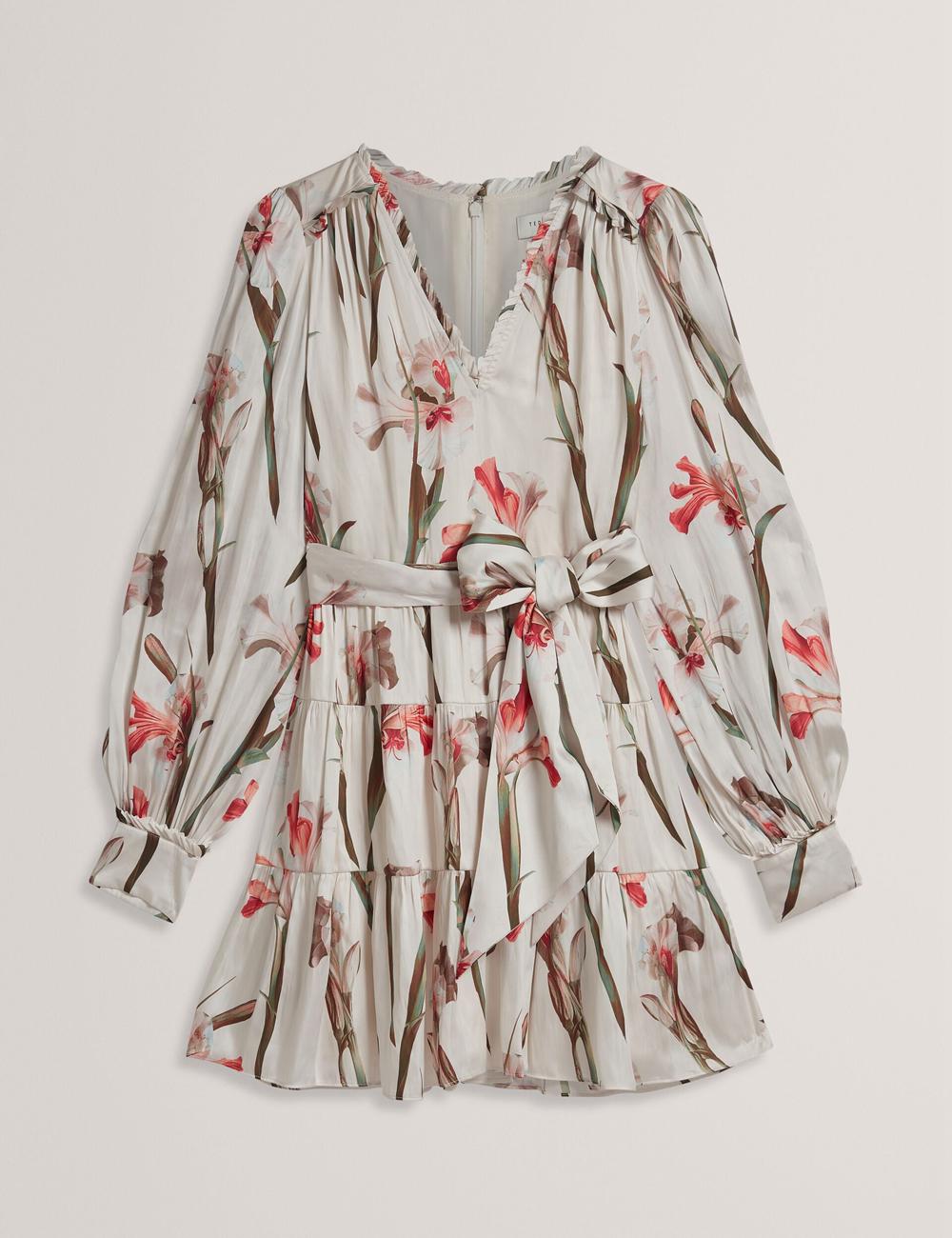 Women Ted Baker CUIABA - Floral V-Neck Waist Mini Dresses Ivory | India  QJBH-21859