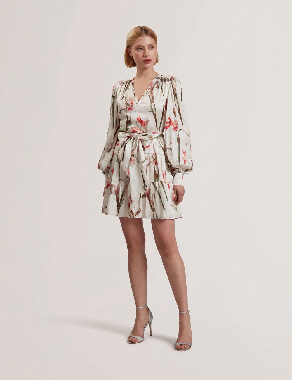 Women Ted Baker CUIABA - Floral V-Neck Waist Mini Dresses Ivory | India  QJBH-21859