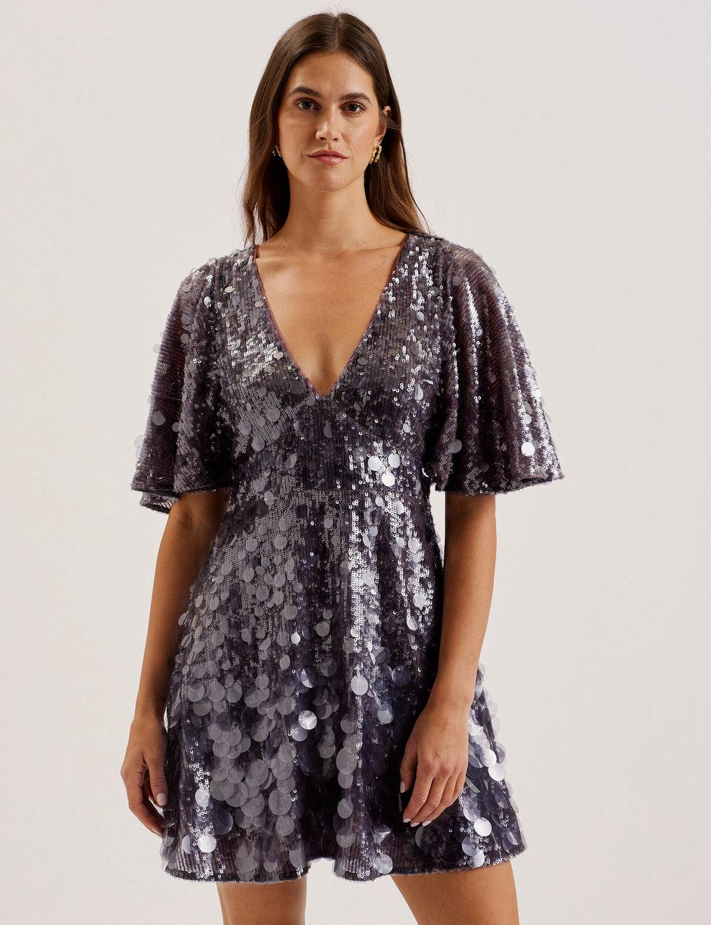 Women Ted Baker ELISONA - Sequin V-Neck Cape Sleeve Mini Dresses Dk-Grey | India  IFHL-57061