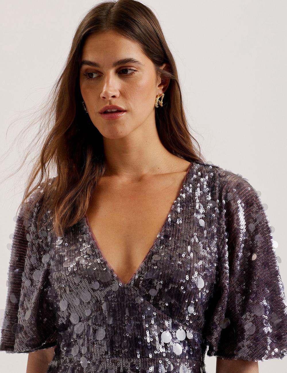 Women Ted Baker ELISONA - Sequin V-Neck Cape Sleeve Mini Dresses Dk-Grey | India  IFHL-57061